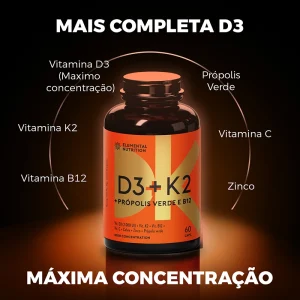 Vitamina D3, Vitamina K2, Vitamina B12, Vitamina C, Zinco, Própolis Verde, Compostos Fenólicos, Suplemento de vitamina D, Suplemento de vitamina K, Suplemento de vitamina C, Suplemento de zinco, Suplemento de própolis, Imunidade fortalecida, Saúde óssea, Saúde cardiovascular, Saúde imunológica, Alta concentração de vitaminas, Suplemento antioxidante, Fórmula completa.