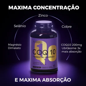 Selo UbiQsome, Garantia de Qualidade, Pureza, CoQ10 Ubiquinol, Coenzima Q10, Dose recomendada, Ubiquinol 200 mg, Alta concentração, Magnésio Dimalato, Relaxamento muscular, Função nervosa, Energia, Minerais essenciais, Zinco, Selênio, Sistema imunológico, Proteção contra danos oxidativos, Absorção eficaz, Saúde cardiovascular, Antioxidantes, Benefícios da CoQ10, Suplemento de minerais, Saúde e bem-estar.