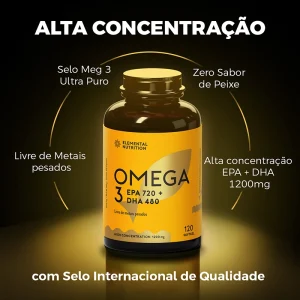 Ômega 3, Alta concentração, EPA, DHA, Selo MEG, Máxima pureza, Livre de metais pesados, Zero retrogosto de peixe, Cápsulas softgel, Tabela nutricional, Valor energético, Gorduras totais, Gorduras saturadas, Gorduras monoinsaturadas, Gorduras poli-insaturadas, Ácido Eicosapentaenoico, Ácido Docosahexaenoico, Suplemento de ômega 3, Saúde cardiovascular, Gorduras saudáveis, Suplemento nutricional.