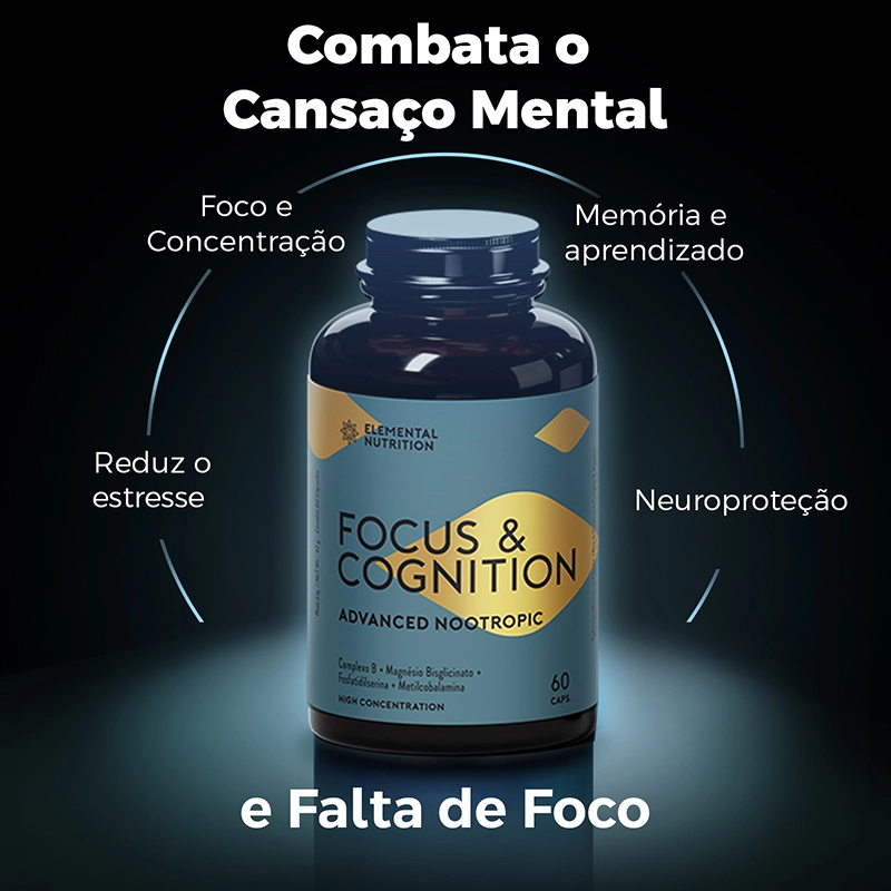 Focus & Cognition - Vitamina para Memória e Foco - Elemental Nutrition Imagem da tabela nutricional do suplemento Focus & Cognition, um nootrópico formulado com ingredientes como vitamina para memória (Complexo B), colina, fosfatidilserina, magnésio, taurina e tirosina. A tabela detalha as porções diárias e os valores de nutrientes que auxiliam no desempenho cognitivo, foco, concentração e clareza mental. Ideal para quem busca melhorar a memória e potencializar a saúde cerebral.