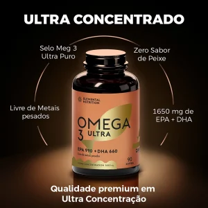 Ômega 3, Alta concentração, EPA, DHA, Selo MEG, Máxima pureza, Livre de metais pesados, Zero retrogosto de peixe, Cápsulas softgel, Tabela nutricional, Valor energético, Gorduras totais, Gorduras saturadas, Gorduras monoinsaturadas, Gorduras poli-insaturadas, Ácido Eicosapentaenoico, Ácido Docosahexaenoico, Suplemento de ômega 3, Saúde cardiovascular, Gorduras saudáveis, Suplemento nutricional.